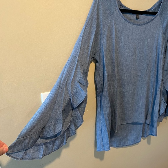 Moa Moa Blue Chambray Top with Ruffled Sleeves - Picture 9 of 12